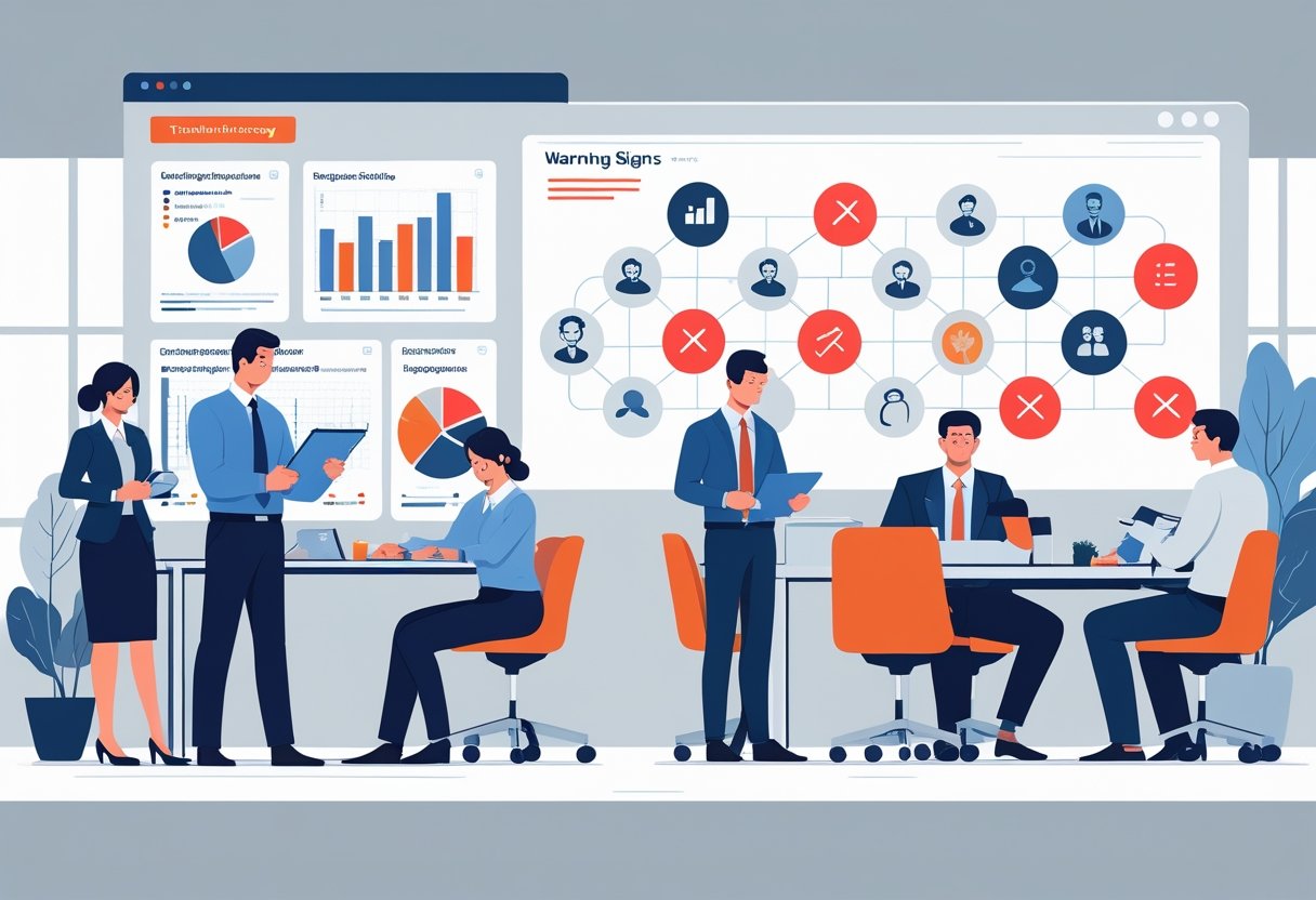 An office scene showing a manager reviewing data and a team with disengaged employees, highlighting problems in talent management.