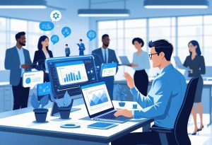 An HR manager working at a desk with a laptop surrounded by digital icons and a diverse team collaborating in a modern office.