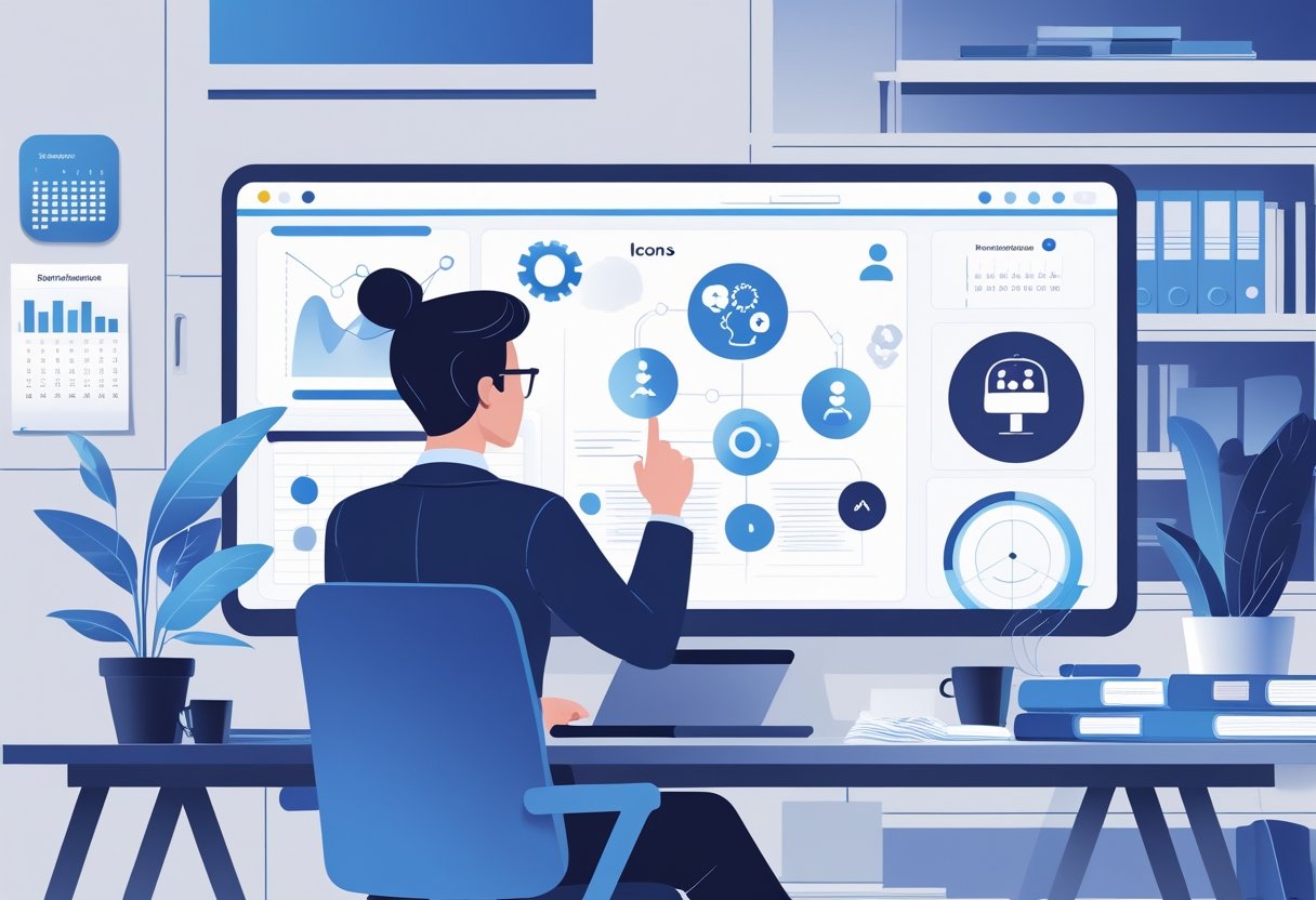 An HR manager working at a desk with a large digital screen showing icons related to recruitment, communication, and employee management in a modern office setting.