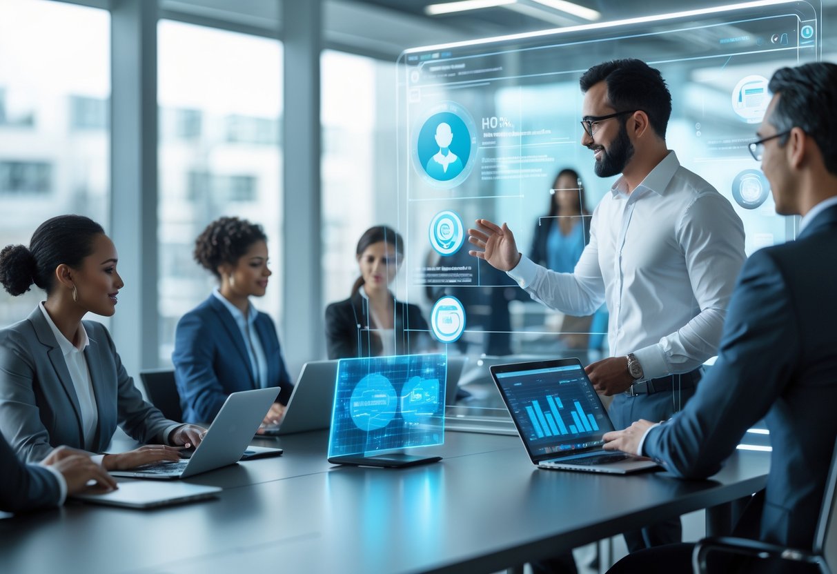 A diverse group of professionals in a modern office using digital technology to review candidate profiles during a hiring process.