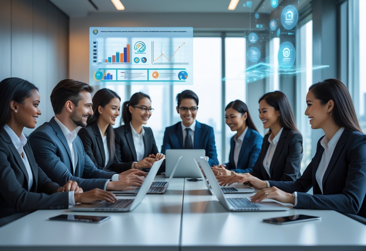 A group of recruiters and candidates interacting in a bright office, using digital devices with AI visuals, showing a modern hiring process.