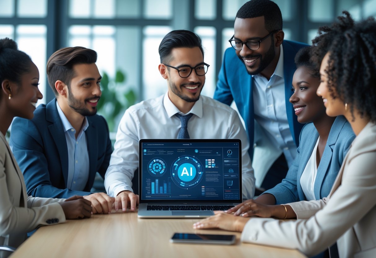 A diverse group of people in a modern office collaborating around a table with a laptop showing data, representing fair and unbiased hiring.