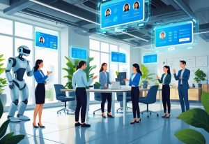 A futuristic office where people and robots work together using holographic screens and virtual reality for hiring and interviews.