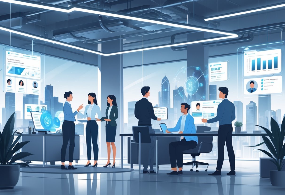 A futuristic office where diverse professionals use holographic screens and AI robots to assist with recruitment and hiring tasks.