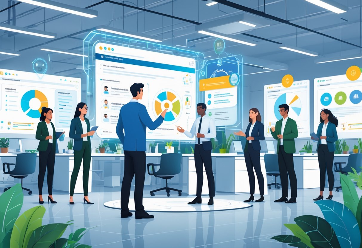 A futuristic office where people use advanced technology to assess candidates based on their skills during the hiring process.