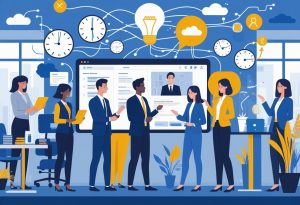 A group of hiring managers in an office reviewing resumes and interviewing a candidate on screen, surrounded by symbols representing hiring challenges and solutions.