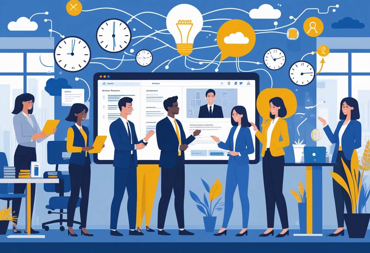 A group of hiring managers in an office reviewing resumes and interviewing a candidate on screen, surrounded by symbols representing hiring challenges and solutions.