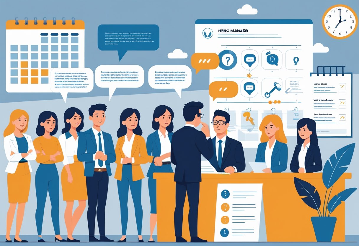A hiring manager interviewing diverse candidates in an office, with symbols representing communication and the challenges of hiring for customer-facing roles.