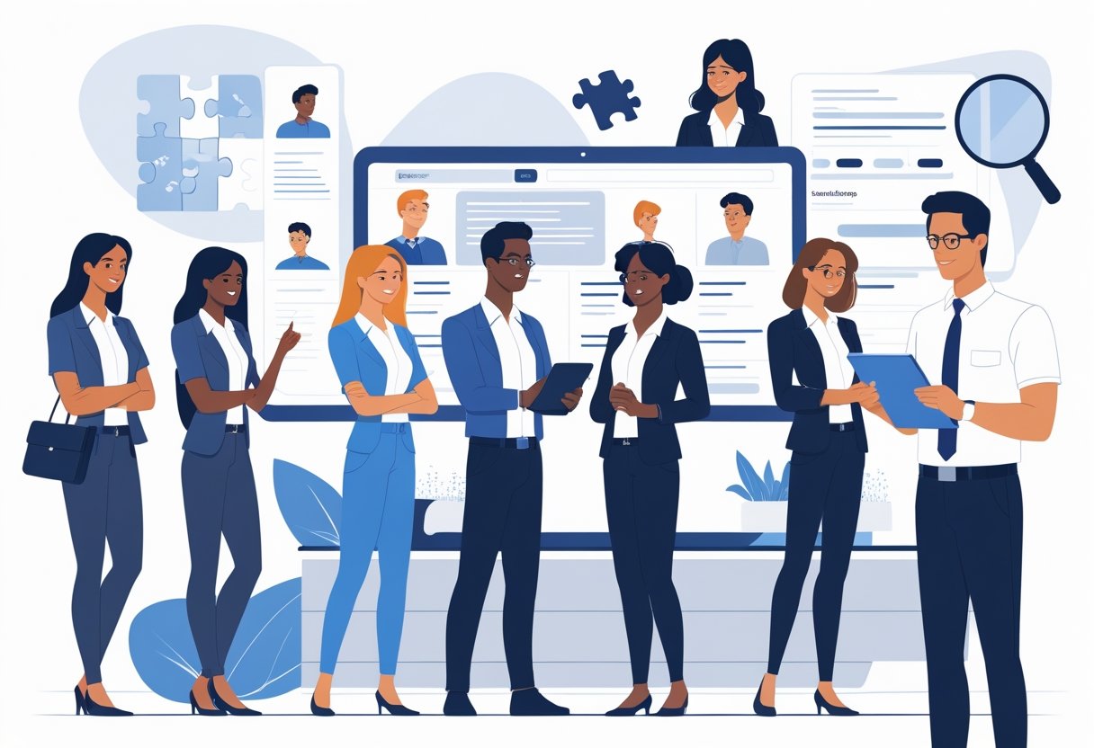 A group of diverse customer-facing employees interacting with customers and a recruiter reviewing profiles, illustrating teamwork and the challenges of hiring.